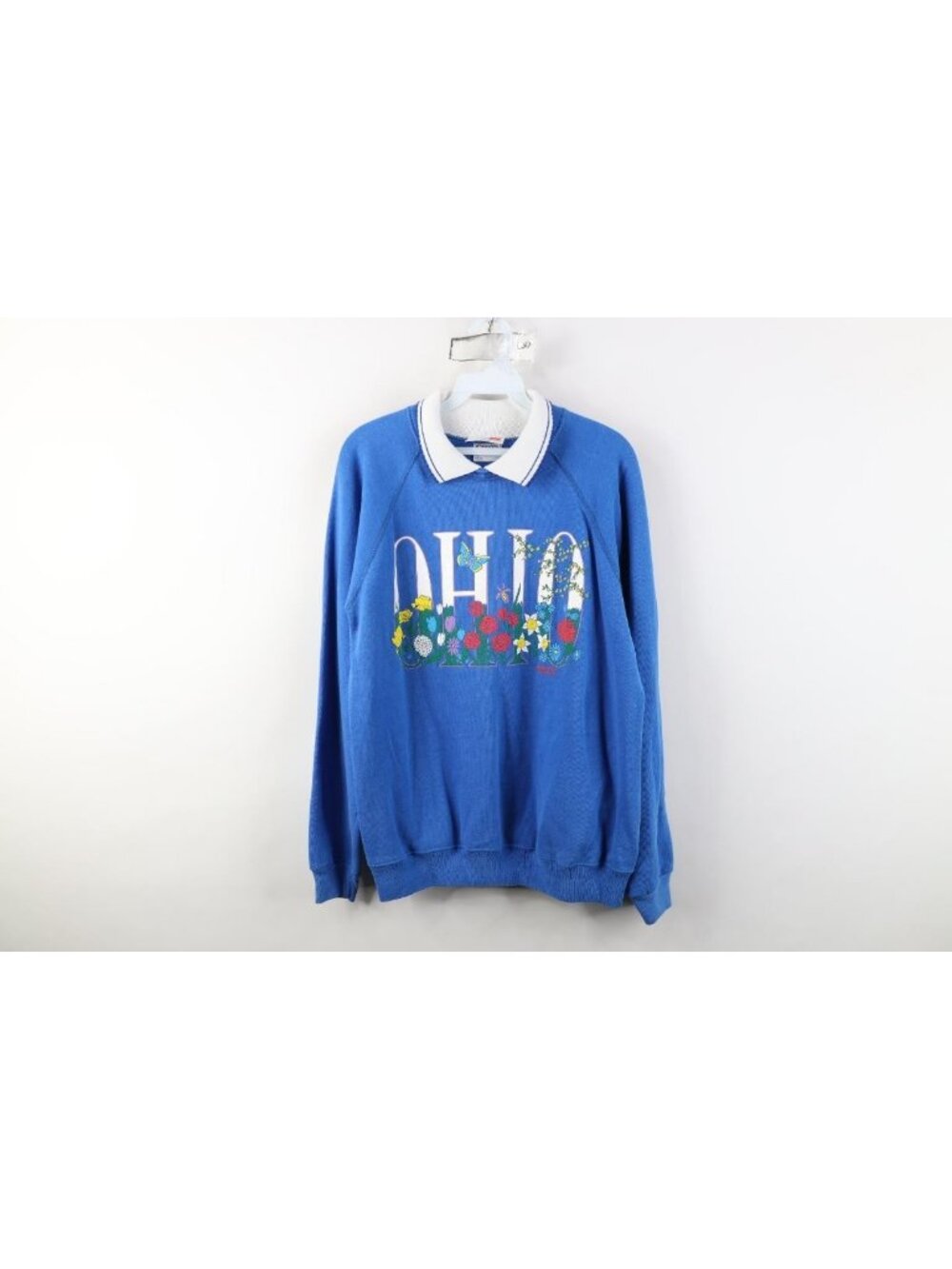 Vtg 90s Streetwear Womens Large Ohio Flower Butterfly Collared Sweatshirt USA